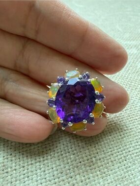 STERLING SILVER AMETHYST
& OPAL RING, SZ 6, SAM